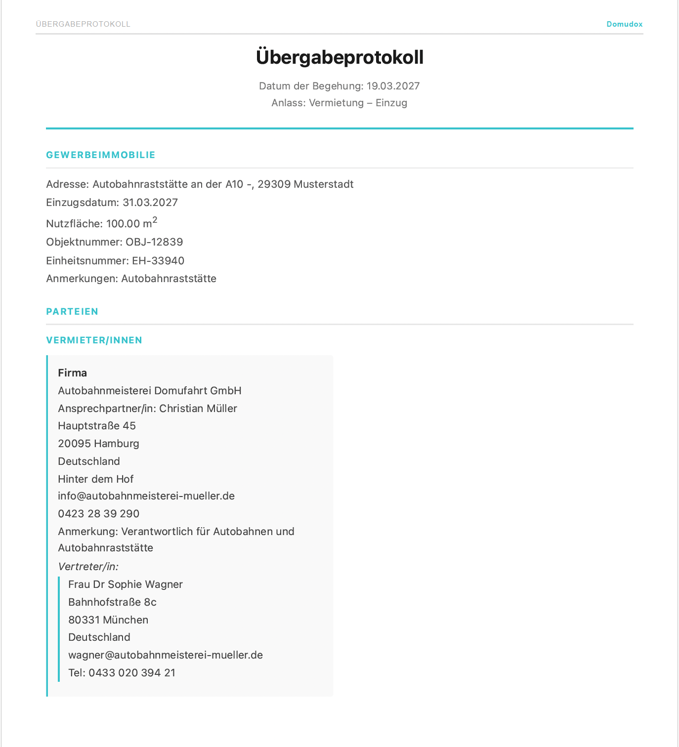Übergabeprotokoll PDF - Objektdetails